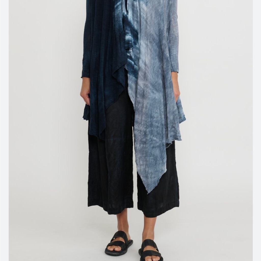 Light Blue & Navy Asymmetrical Open-Front Draped Cardigan